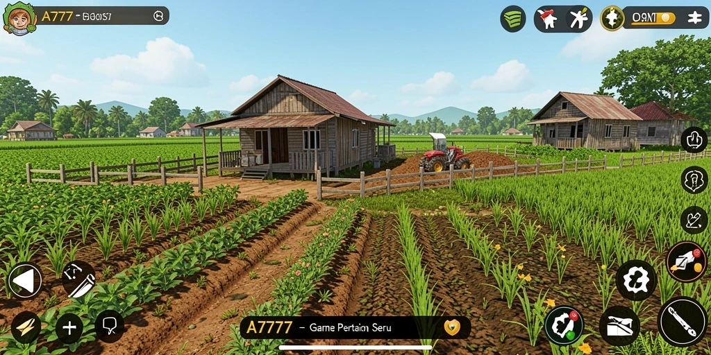 Screenshot gameplay A7777 dengan pertanian yang indah dan berwarna-warni.