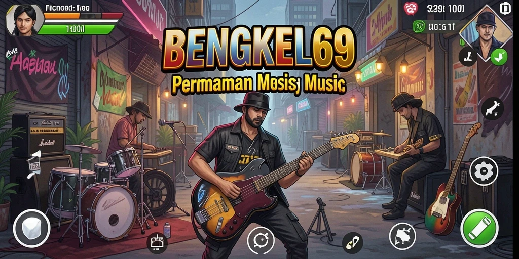 Tampilan gameplay BENGKEL69 dengan alat musik yang beragam.