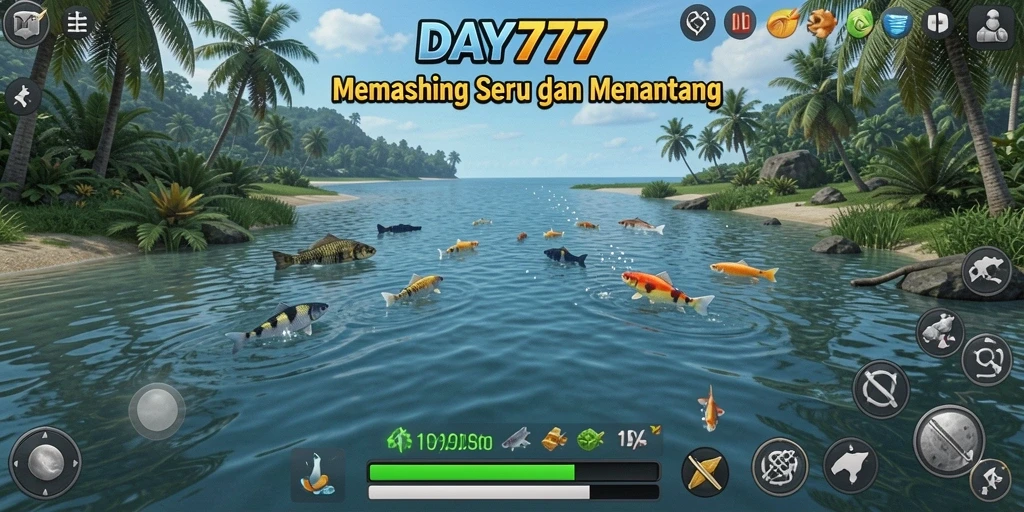 Tampilan gameplay <strong>DAY777</strong> yang menampilkan pengalaman memancing yang mengasyikkan.
