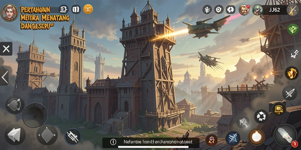 Tangkapan layar gameplay JJ62 menampilkan menara dan musuh yang beragam.