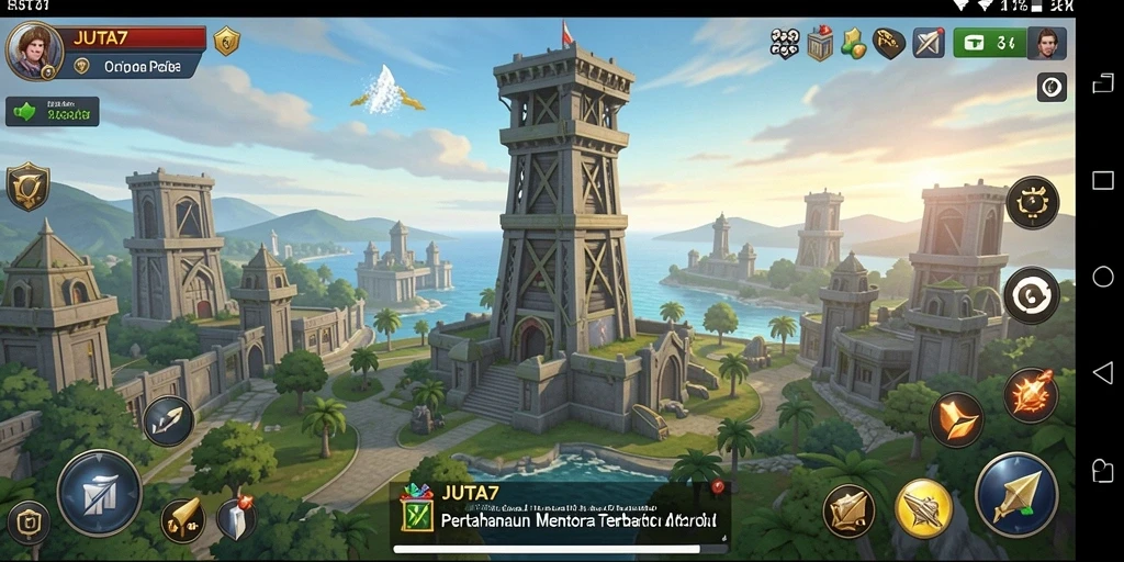 Tampilan aksi seru di JUTA7 dengan grafik menarik dan menara pertahanan.