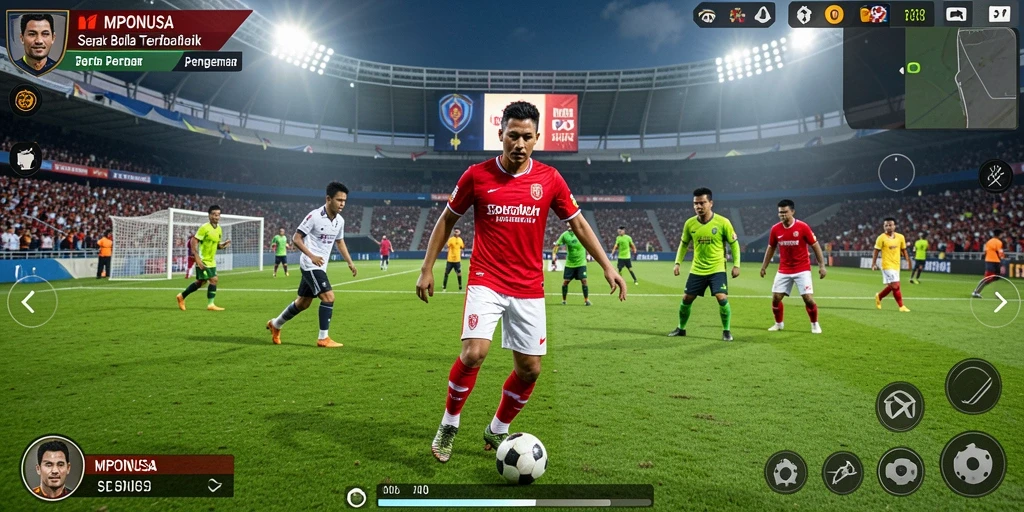 Gameplay MPONUSA dengan grafis menakjubkan dan aksi sepak bola yang seru.