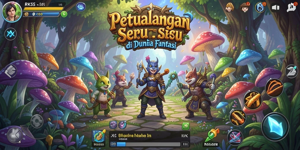 Screenshot RK55 menampilkan aksi petualangan di lingkungan fantastis.