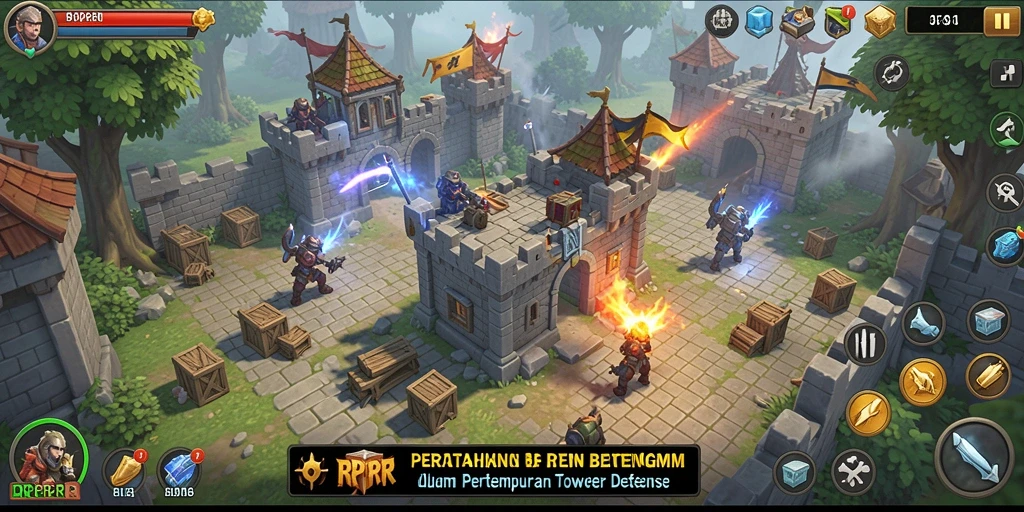 Tampak gameplay menegangkan di RPRR, menara mempertahankan benteng.