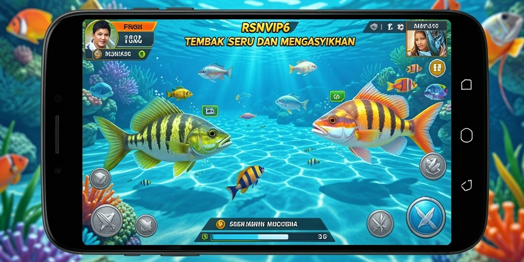 Screenshot RSNVIP6 menampilkan pemain asyik menembak ikan beraneka ragam.