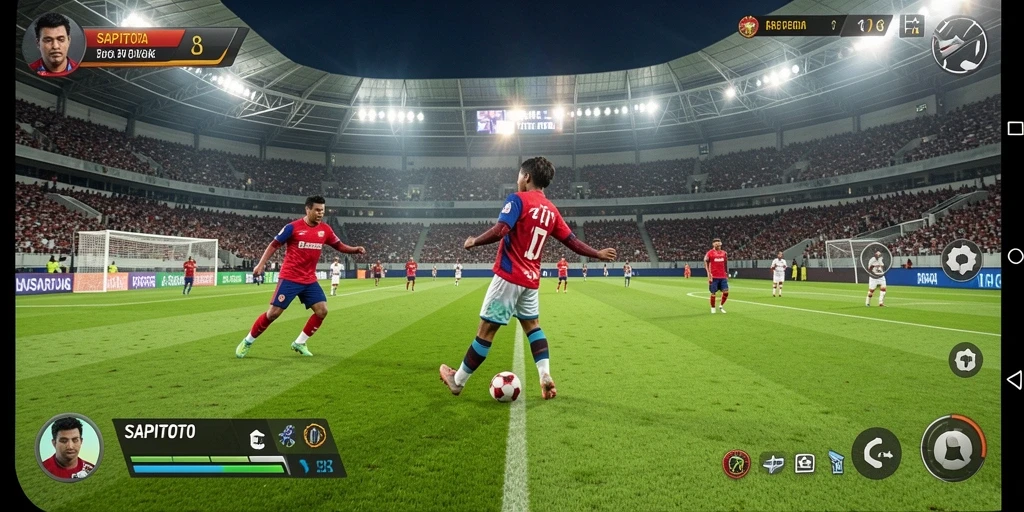 Tangkapan layar SAPITOTO menampilkan gameplay sepak bola yang seru dan mendebarkan.