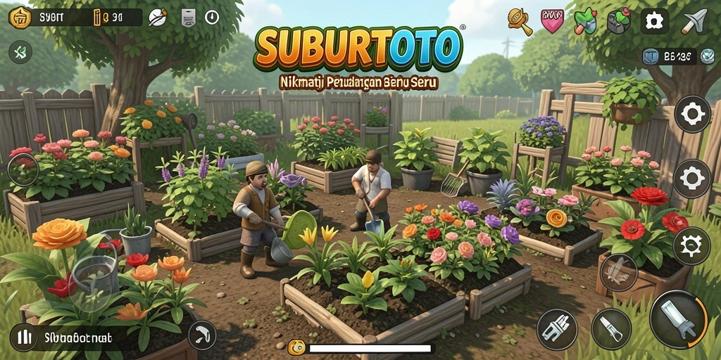 Tampilan gameplay SUBURTOTO dengan kebun yang rimbun dan beragam tanaman.