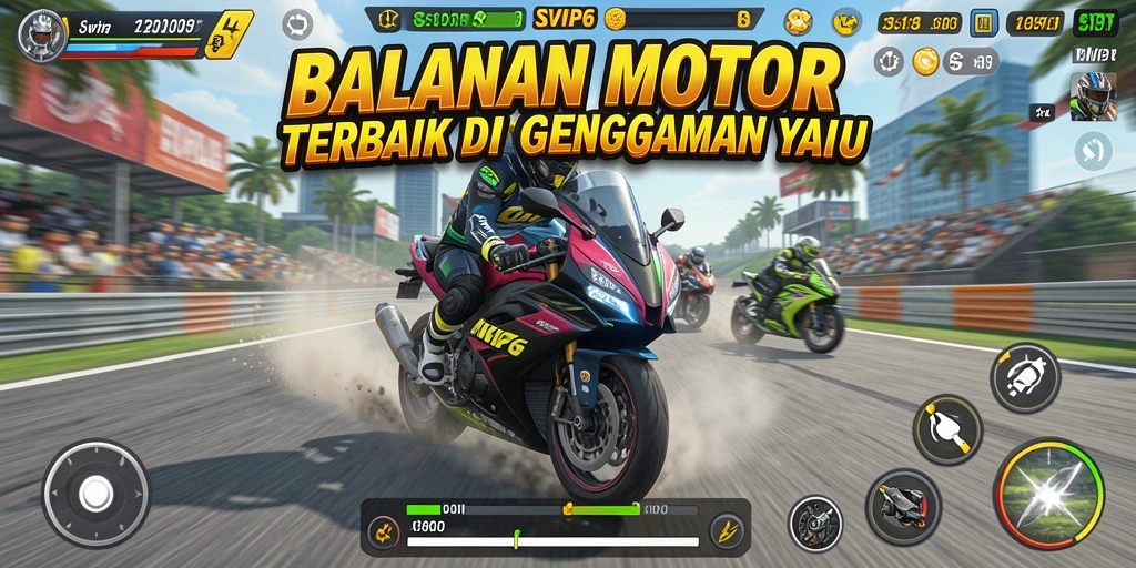 Screenshot gameplay SVIP6 menampilkan aksi balapan motor yang mendebarkan.