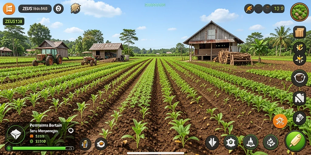 Screenshot gameplay ZEUS138 menampilkan pertanian yang subur dan hewan ternak.
